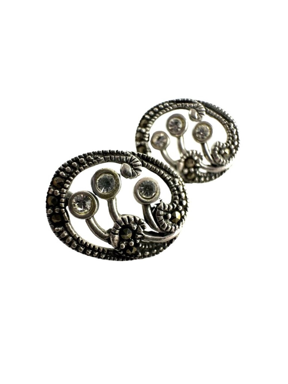 Sterling Silver Marcasite Stud Floral Oval Earrings Signed